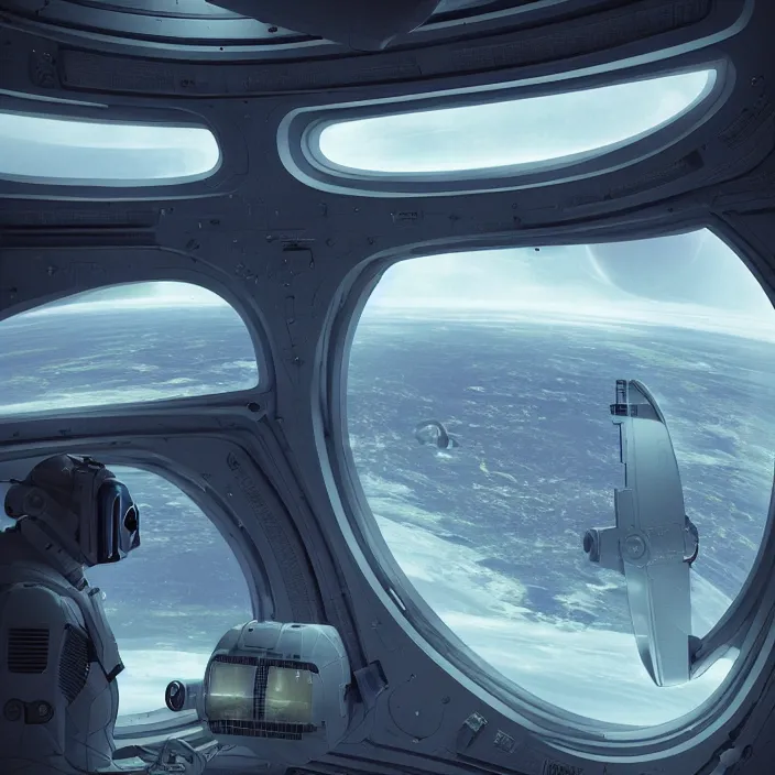 Image similar to inside a spaceship interior looking out of a futuristic window onto earth, directed by denis villeneuve, photorealistic, hyperdetailed, sci - fi, atmospheric, artstation