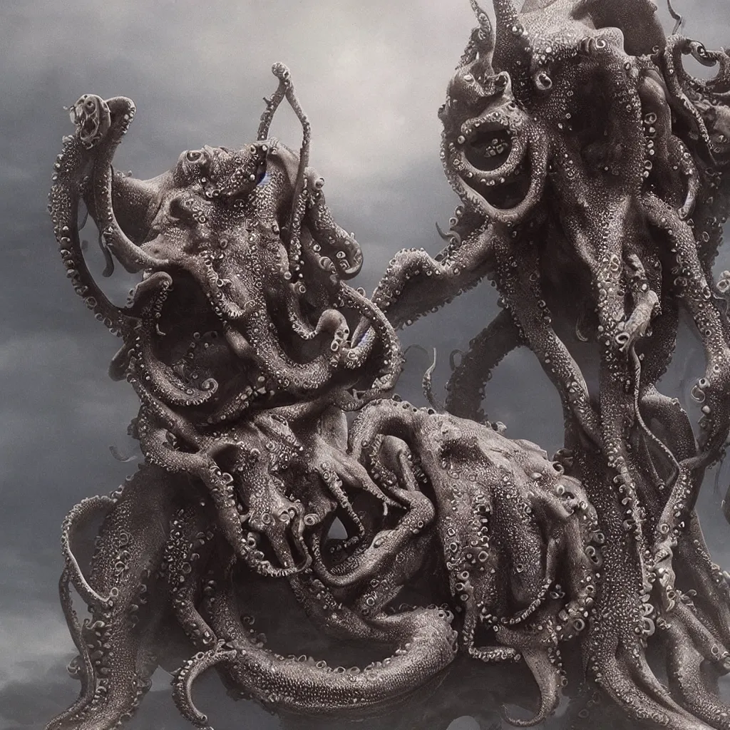 Prompt: a single highly detailed 4 k matte painting. a monster of vaguely anthropoid outline, but with an octopus - like head and face, a scaly, rubbery - looking body