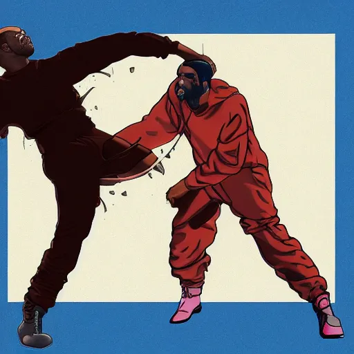 Image similar to An illustration of Kanye West beating up Pete Davidson by Katsuhiro Otomo, comic book style, 8K concept art, cel shaded, anime