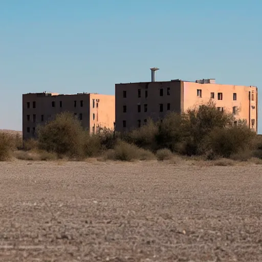 Prompt: A soviet-era residential block standing in the middle of an empty desert, sunny weather