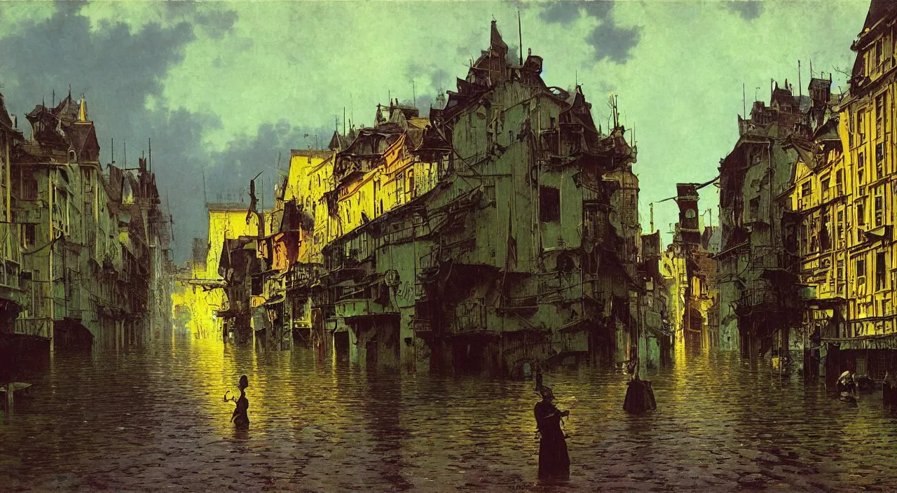 Image similar to very coherent and colorful high contrast!! painting of a flooded empty!! town street by bruce pennington carl spitzweg rene magritte, full - length view, hard black shadows, vivid colors, symmetry, great composition, high detail, cinematic lighting, masterpiece