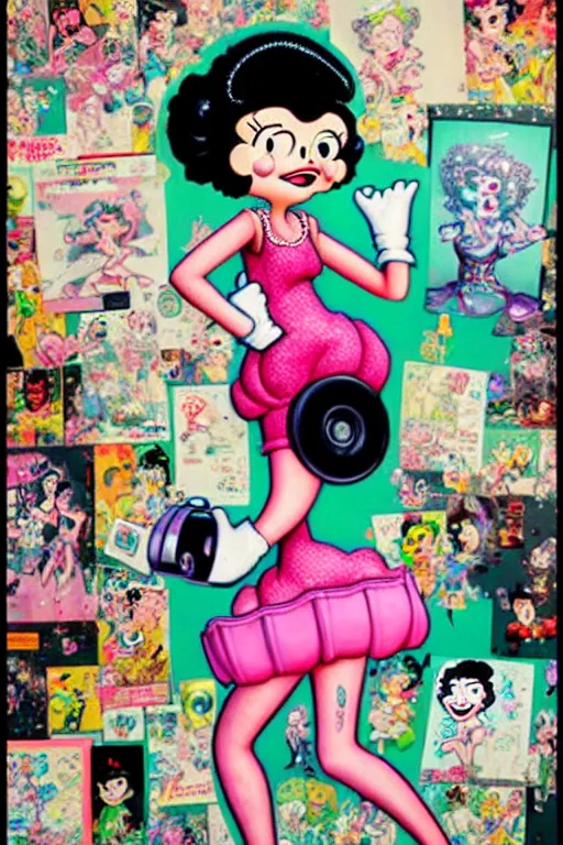 Image similar to full view, from a distance, of anthropomorphic trashcan who is betty boop from 1 9 3 0, full of trash, style of yoshii chie and hikari shimoda and martine johanna, highly detailed