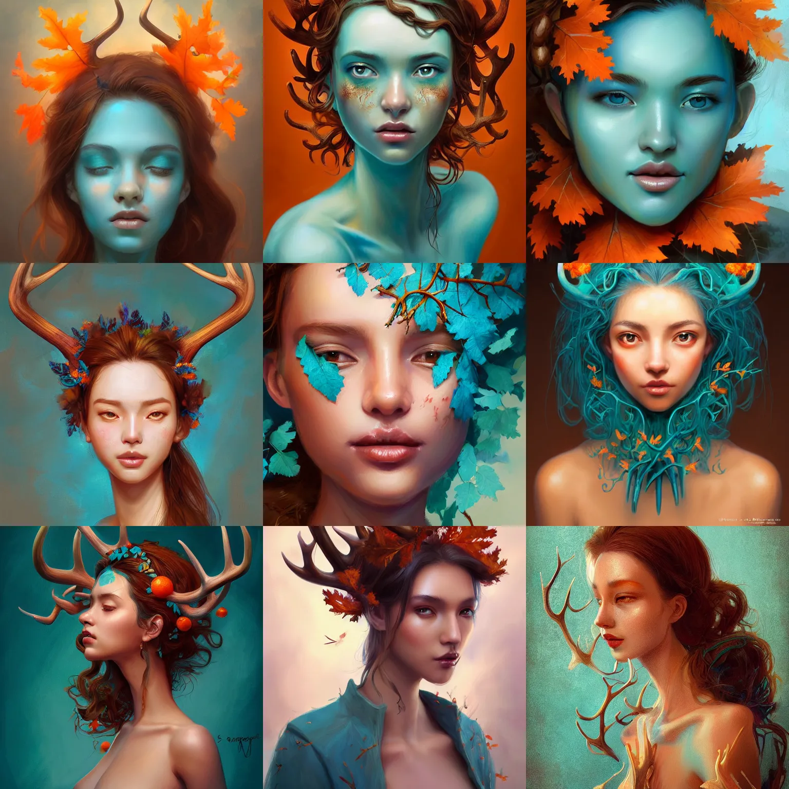 Prompt: A beautiful digital painting of a beautiful woman with teal skin and antlers made of wood on her head, brown curly hair with orange oak leaves, by Stanley Artgerm Lau, WLOP, Rossdraws, James Jean, Andrei Riabovitchev, Marc Simonetti, and Sakimichan, trending on artstation, SFW version