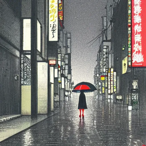 Image similar to a woman holding an umbrella, walking down the streets of tokyo, with neon signs, while it's raining. extremely detailed, illustration by michael sowa