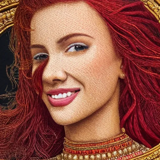 Prompt: Close up of a Highly detailed embroidery painting of a beautiful young woman with red hair, smiling, white clothes with gold details, Golden thread, golden details, intricate details, intricate patterns 4k, 8k, HDR