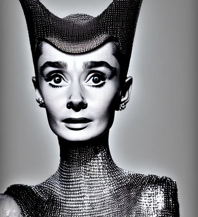 Prompt: dynamic facial portrait photography of seductive actress audrey hepburn wearing an extraordinary dress by designer iris van herpen. accent lighting, dark background, highly detailed, photography by paolo roversi, nick knight, helmut newton, avedon, araki