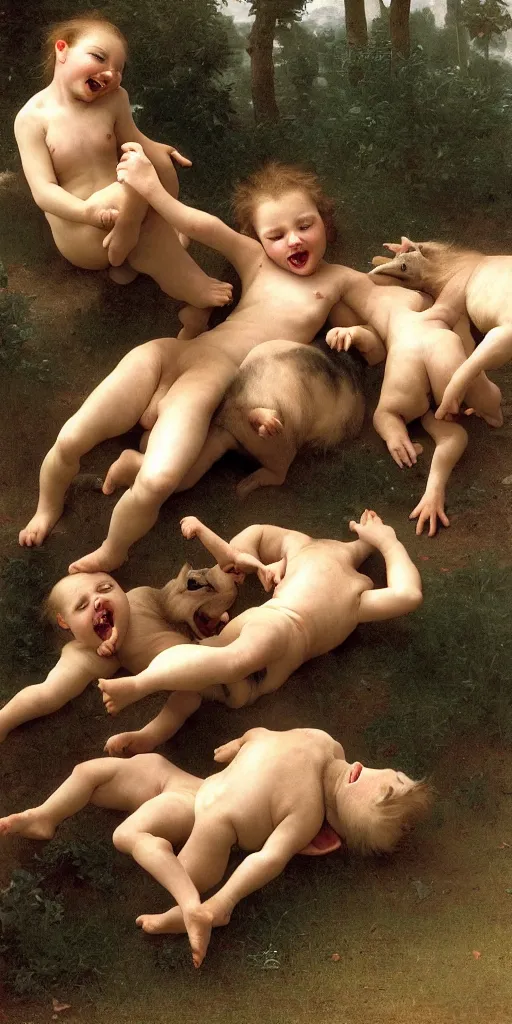 Prompt: photo of three little pigs tickling the wolf who is begging for mercy. regal, realistic, refined, detailed digital art, oil painting, william - adolphe bouguereau, art frahm, esao andrews, highly detailed, cinematic lighting, unreal engine, 8 k, hd extremely detailed. 4 k. award winning. ultra realistic photo.