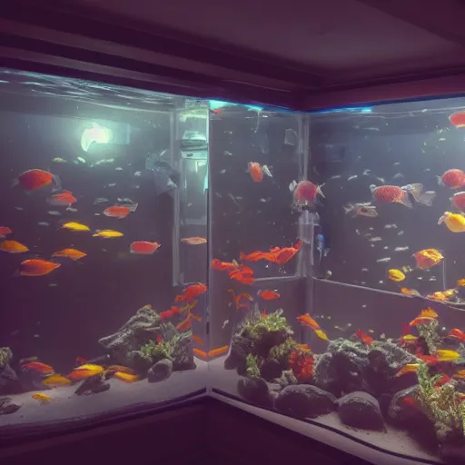 Image similar to a house full of fish tanks, professional photo, professional lighting, trending on artstation, hdr, instagram photo, 8 k