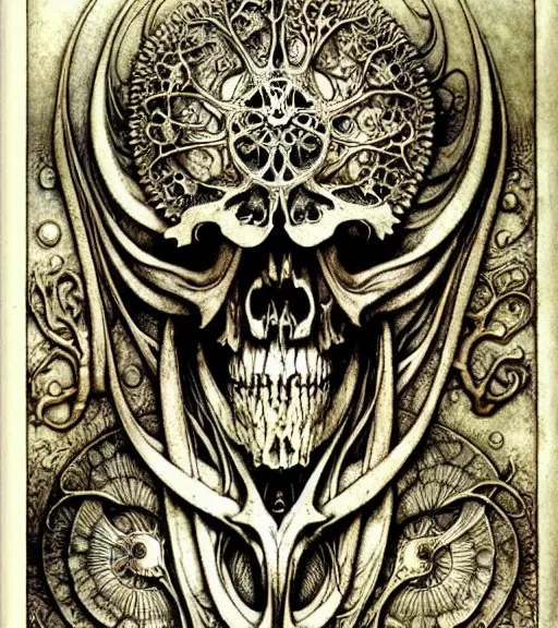 Image similar to memento mori by arthur rackham, art forms of nature by ernst haeckel, exquisitely detailed, art nouveau, gothic, ornately carved beautiful skull dominant, intricately carved antique bone, art nouveau botanicals, ornamental bone carvings, art forms of nature by ernst haeckel, horizontal symmetry, arthur rackham, ernst haeckel, symbolist