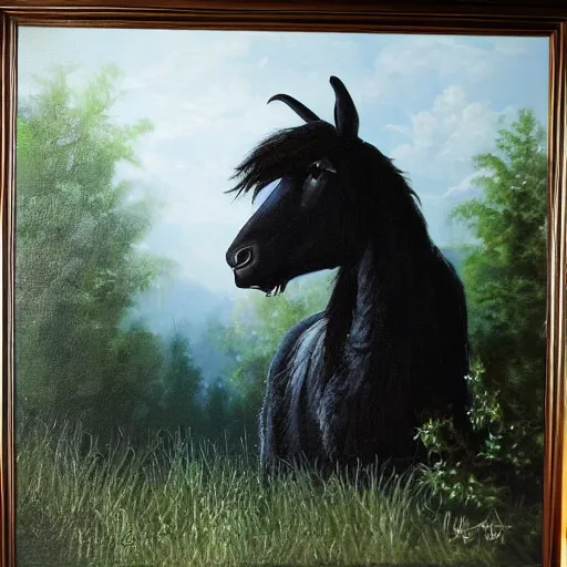 Image similar to thomas kincaid painting of black phillip from the movie the witch