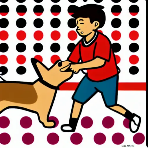 Image similar to illustration of boy playing football with a corgi wearing a polkadot scarf on the streets of paris