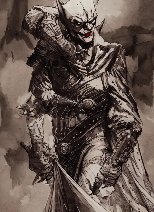 Image similar to portrait, Medieval Batman and Joker, watercolor, dramatic lighting, cinematic, establishing shot, extremly high detail, foto realistic, cinematic lighting, pen and ink, intricate line drawings, by Yoshitaka Amano, Ruan Jia, Kentaro Miura, Artgerm, post processed, concept art, artstation, matte painting, style by eddie mendoza, raphael lacoste, alex ross