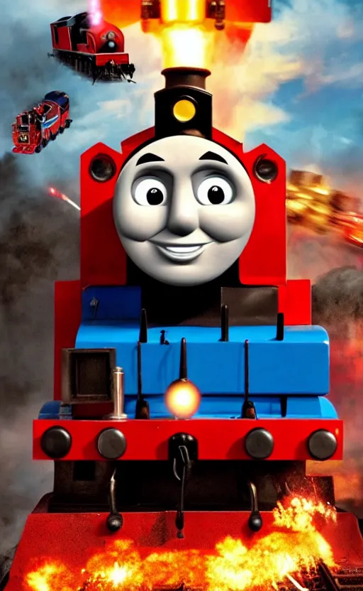 Image similar to thomas the tank engine vs. optimus prime : big revenge : coming soon to theaters, epic cinematic poster, post - apocalypse, demolition, dark, dramatic, real life, realistic, photo, photorealistic, detailed, high quality, high resolution, 8 k, hdr, 4 k