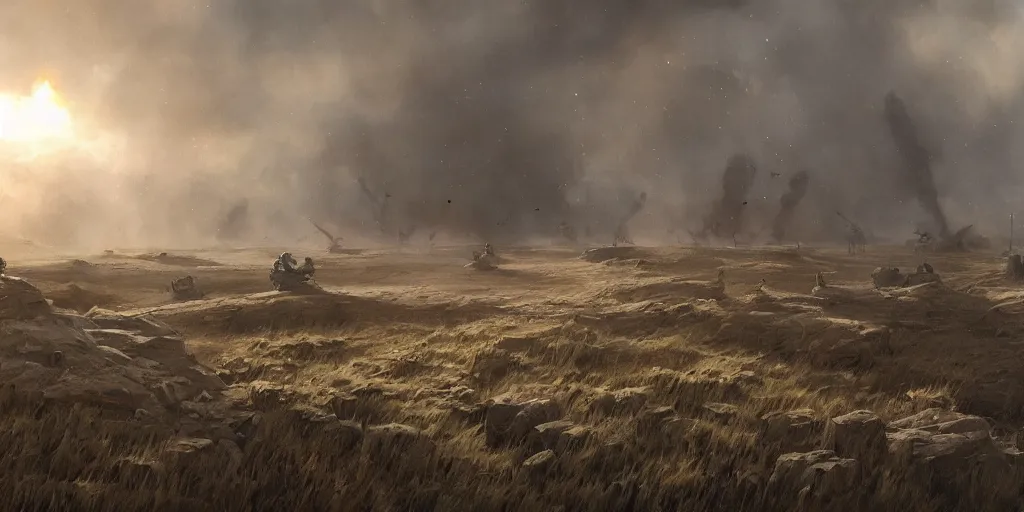 Image similar to world war 1 landscape in star wars, trench warfare, atmospheric, beautiful lighting, painted by john howe and greg rutkowski