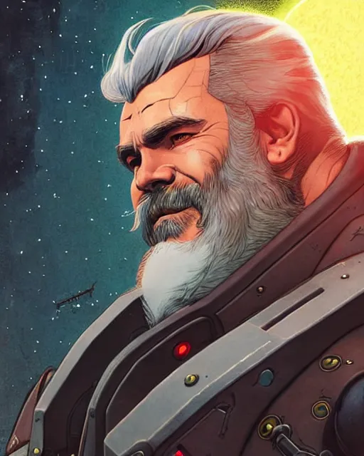 Image similar to reinhardt from overwatch, josh brolin, gray hair and beard, character portrait, portrait, close up, concept art, intricate details, highly detailed, vintage sci - fi poster, retro future, in the style of chris foss, rodger dean, moebius, michael whelan, and gustave dore