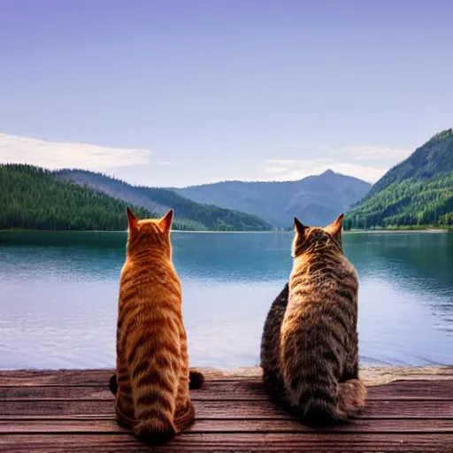 Prompt: two cats staring off into the distance on a wooden dock, in the background is a beautiful view of a crystal clear lake and a mountain range