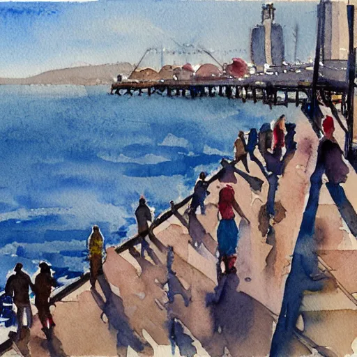 Prompt: Sunbathers on the pier. San Francisco. Watercolor