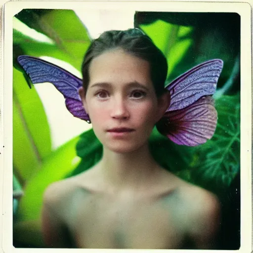 Prompt: grainy head to shoulder portrait Polaroid film photograph of a small magical fairy in a tropical greenhouse. looking at the camera!!. super resolution. surreal. Extremely detailed. Polaroid 600 film. by Annie Leibovitz and Richard Avedon