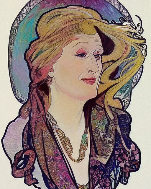 Image similar to a portrait painting of ( ( ( meryl streep ) ) ) in the style of alphonse mucha!!!