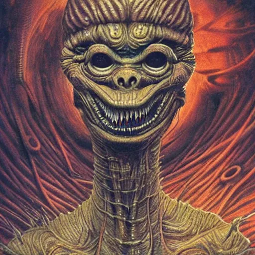 Image similar to space alien, slimy, glossy, sharp teeth, by h. r. giger, beksinski, odyssey 2 0 0 1, nightmare fuel, nightmarish, intricate, highly detailed, optical illusion, stranger things demogorgon, cave lighting, flickering