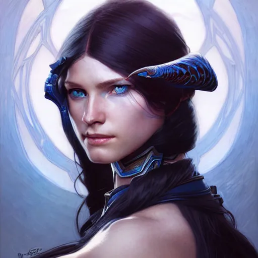 Image similar to Portrait of female warrior, D&D, blue eyes, face, long black hair, fantasy, intricate, elegant, highly detailed, digital painting, artstation, concept art, smooth, sharp focus, illustration, art by artgerm and greg rutkowski and alphonse mucha