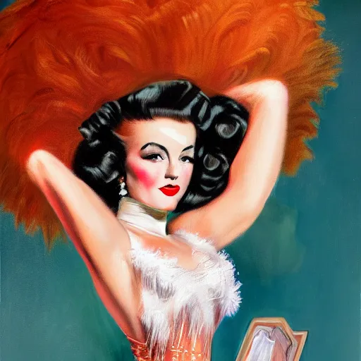 Prompt: texas showgirl, big hair, feathers, 1 9 4 0 s, oil painting, pale colors, high detail, 8 k, wide angle, trending on artstation