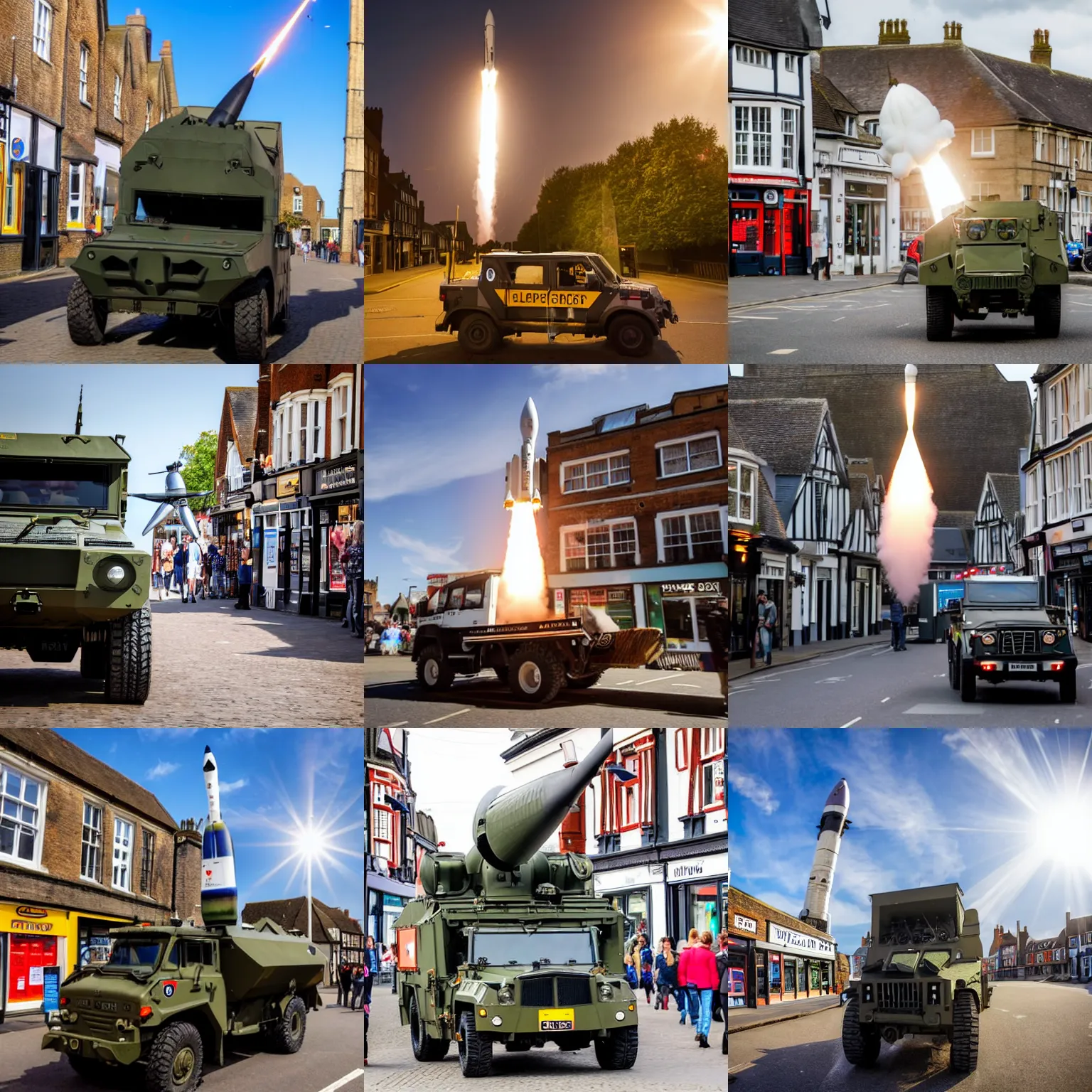 Prompt: a rocket is being launched from a military vehicle, in canterbury high street, a stock photo by peter snow, shutterstock contest winner, video art, wide lens, anamorphic lens flare, stock photo