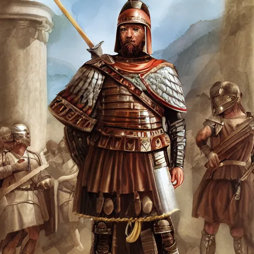 Image similar to a roman soldier in front of his army, ancient rome, digital art, steal armors, photorealistic, highly detailed