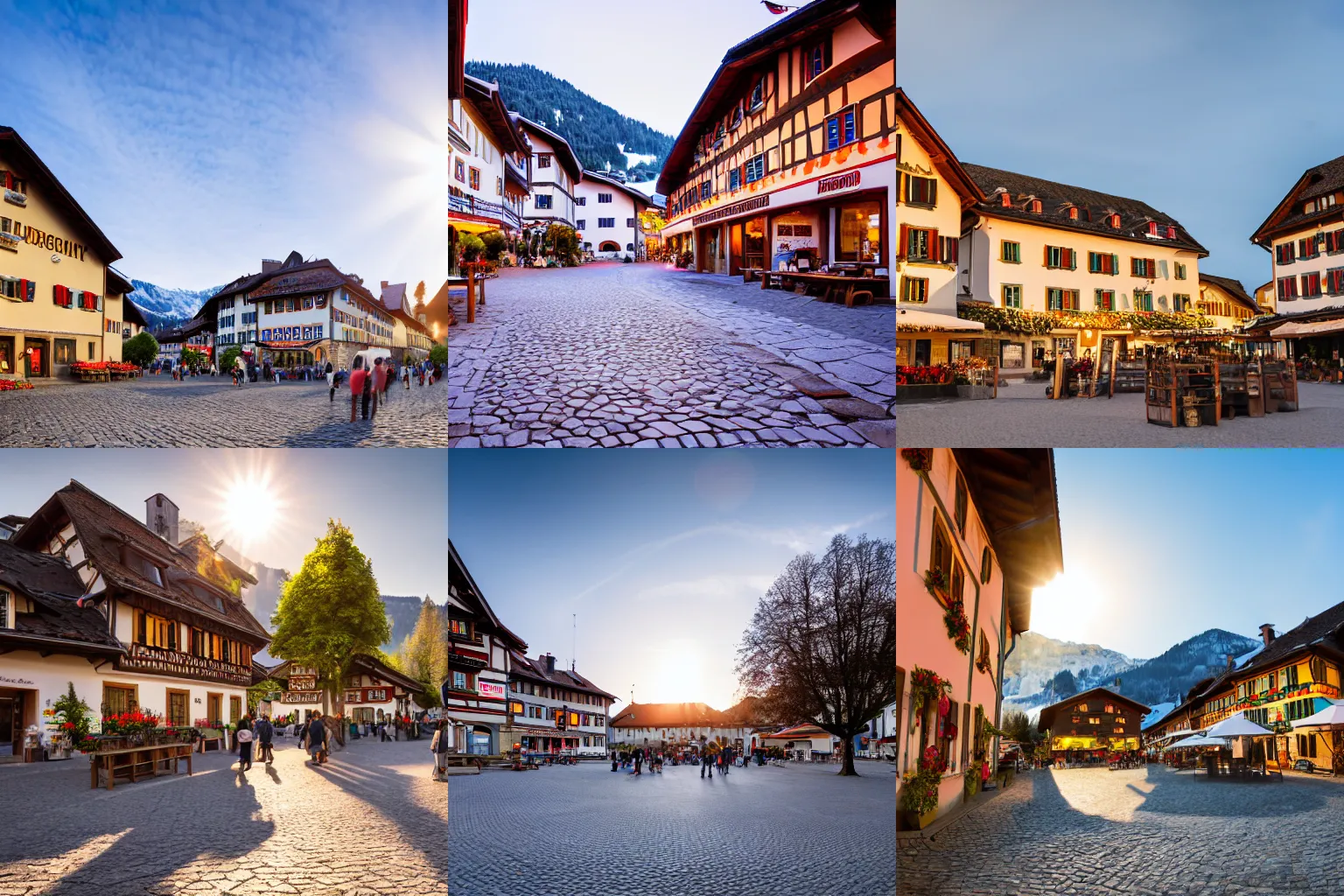 Prompt: High-quality DSLR photo of the main square of a traditional Swiss village at dawn, wide-angle lens, warm lighting, long shadows, beams of sunlight