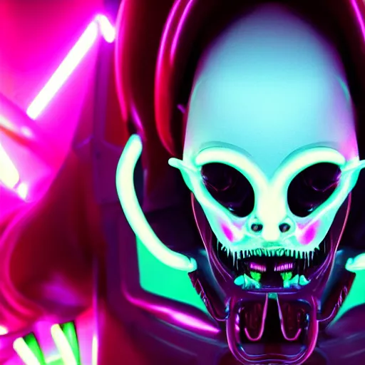 Image similar to synthwave demonic alien face with neon horns, detailed face, sharp focus, synthwave art, aesthetic, octane render, raw, cinematic