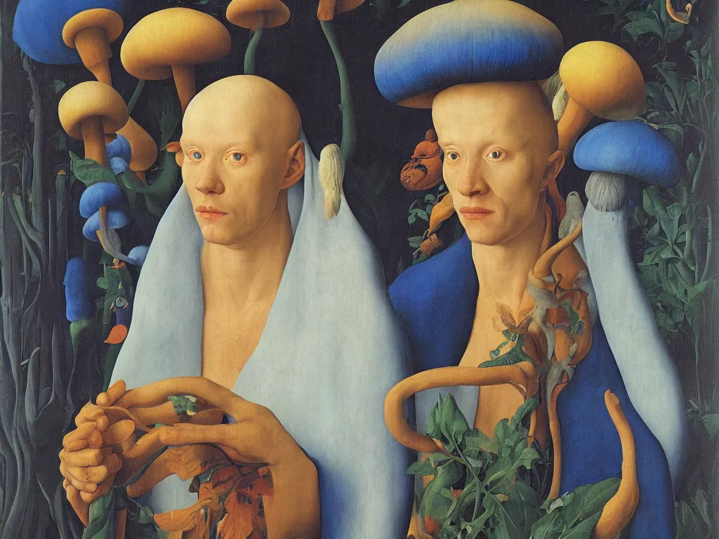 Prompt: Portrait of albino mystic with blue eyes, with beautiful exotic mushroom. Painting by Jan van Eyck, Audubon, Rene Magritte, Agnes Pelton, Max Ernst, Walton Ford