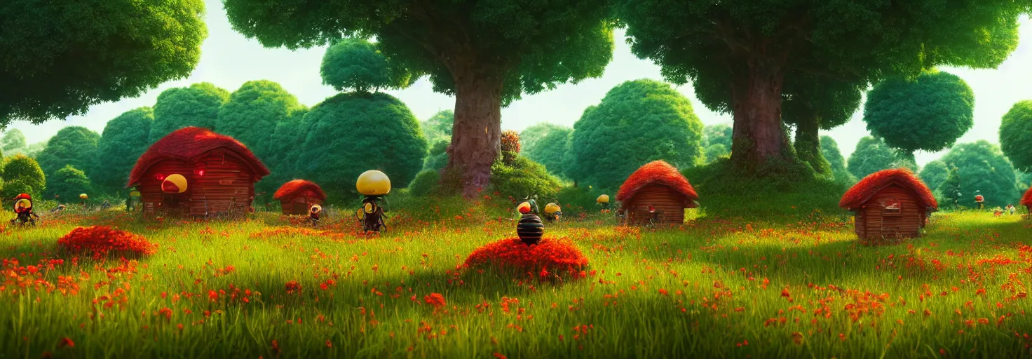 Image similar to stunning glowing dominant large highlighted crimson - black beehive, oversized cute bees in a beautiful forest meadow village landscape, flowers, happy trees, photorealistic, octane render, rtx, hdr, unreal engine, digital art widescreen 8 k, studio ghibli, bob ross, pixar, bee movie, disney