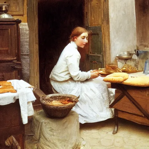 Image similar to a young edwardian woman baking bread in a cozy french kitchen, in the style of Anders Zorn