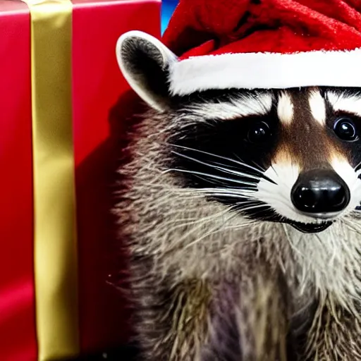 Prompt: raccoon santa vastly underestimated how difficult it would be to give a present to everyone in the world.