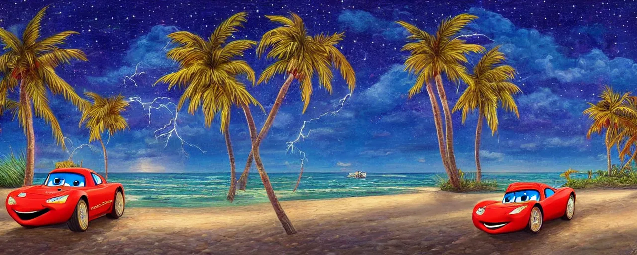 Image similar to Lightning McQueen driving a long the beach at twilight, tropical palms, a highly detailed painting by Greg Rutkowksi, starry night, holiday feel