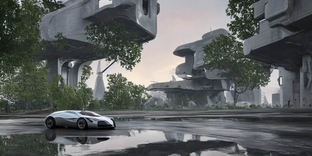 Prompt: highly detailed futuristic car, on the background urban futuristic architecture by Le Corbusier, reflective lighting, empty streetscapes, surrounded by lush green vegetation, ground-level view, puddles of water, stunning volumetric lighting, sunset, trending on Artstation, 8k, photorealistic, ray tracing, hyper detailed, unreal engine 5, cinematic, epic lighting, cryengine, octane render, cyberpunk, red and orange glow, vibrant