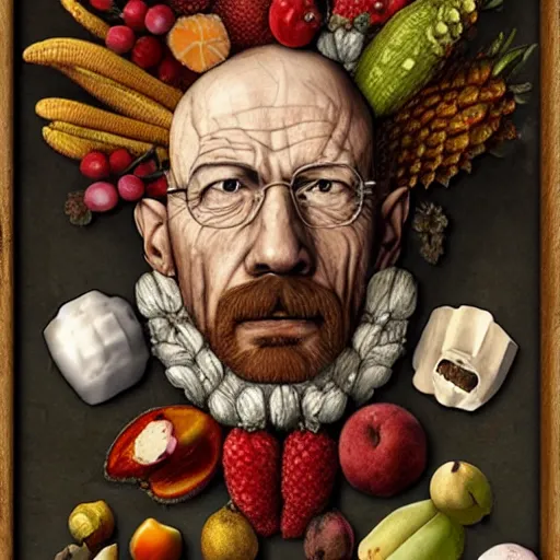 Image similar to giuseppe arcimboldo walter white, fruits, unreal engine