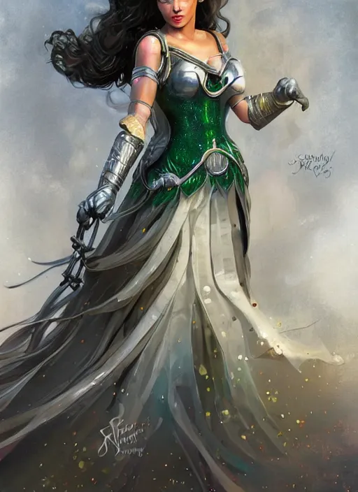 Prompt: beautiful female dorothy gale, rebecca romijn as dorothy, full body character concept, covered in full silver armor, armor plating, art nouveau, sparkling emeralds, super powers, fantasy, intricate, elegant, highly detailed, digital painting, artstation, concept art, shining, sharp focus, illustration, art by stanley lau