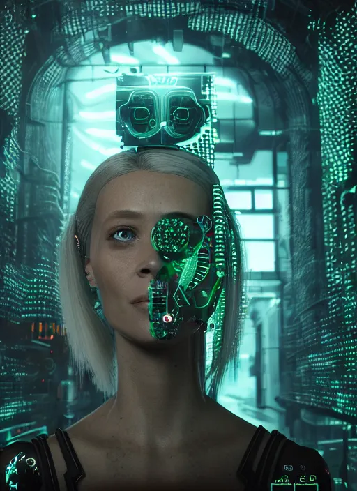 Prompt: 35mm portrait of a 7 of 9 borg with eye implant, on the background of a weird magical mechanical forest. Round gears visible inside her hear. Very detailed 8k. Fantasy cyberpunk horror. Sharp. Unreal 5 render with nanite, global illumination and path tracing. Cinematic post-processing