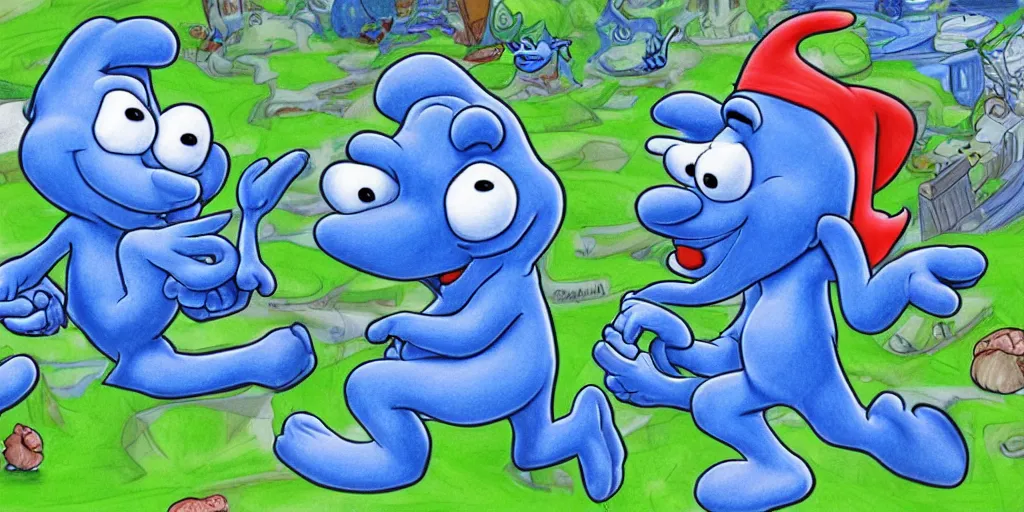 Prompt: a detailed drawing in lapis of smurfs connected an a brain