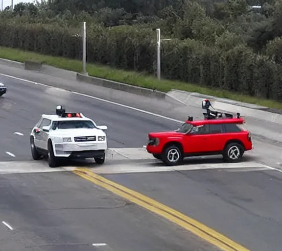 Image similar to donald trump driving white suv, high speed chase freeway, police cars, ap news photo