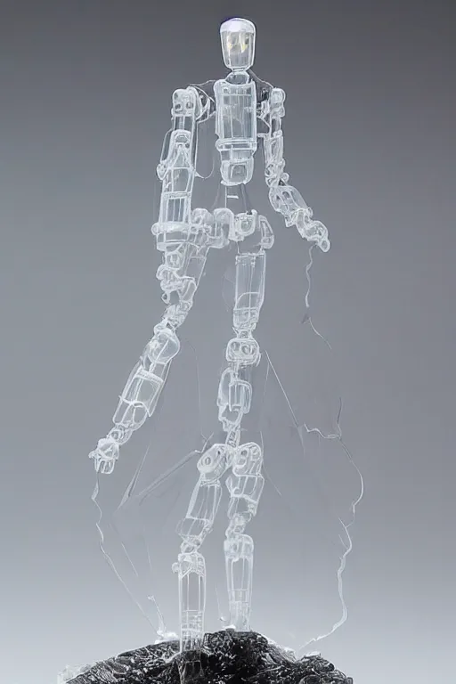 Prompt: a intricate anime figurine that looks like a transparent plastic robot with fog all around,