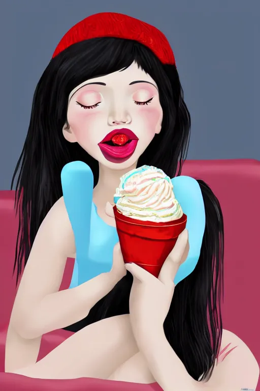 Image similar to cute girl in red dress with black hair and large beautiful eyes consuming ice cream in her bed, digital art