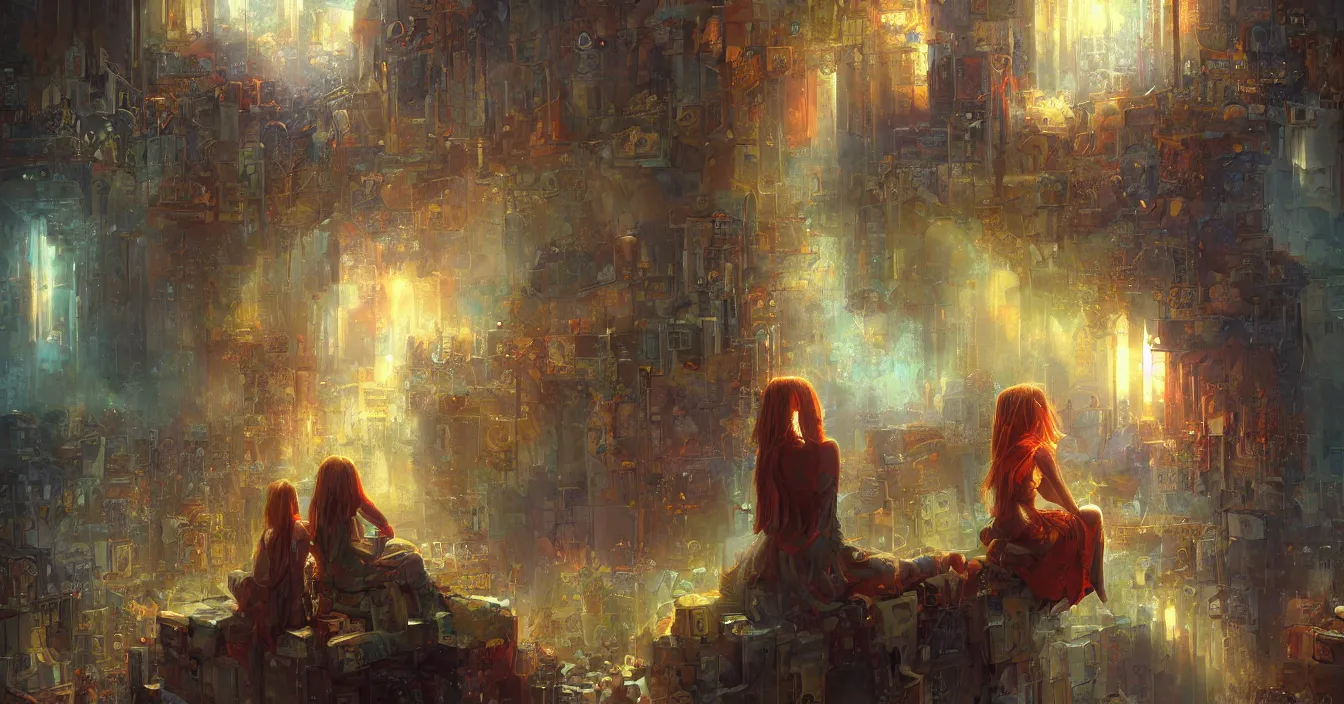 Prompt: Imagination of human souls sitting in cinema like room and watch very interested bright light of consciousness projecting their lives on the big wide screen, realistic image full of sense of spirituality, life meaning, meaining of physical reality, happy atmosphere, by Marc Simonetti
