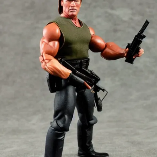 Prompt: a 12 inch action figure of Arnold Schwarzenegger from Commando. Big muscles. Holding an automatic rifle in his hands. Plastic shiny. Full body feet and head