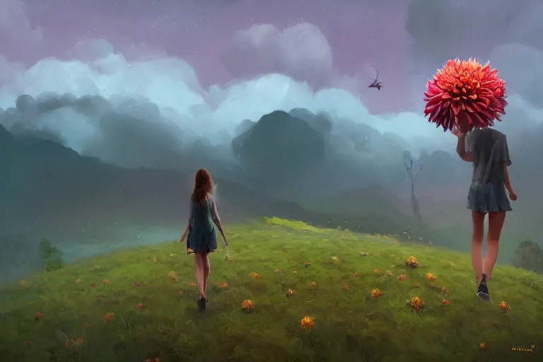 Image similar to giant dahlia flower as a head, girl walking on mountain, surreal photography, stars, dramatic light, impressionist painting, storm clouds, digital painting, artstation, simon stalenhag