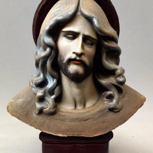 Prompt: holy roman chalkware Jesus bust antique painted sacred Catholic pearlescent coloring