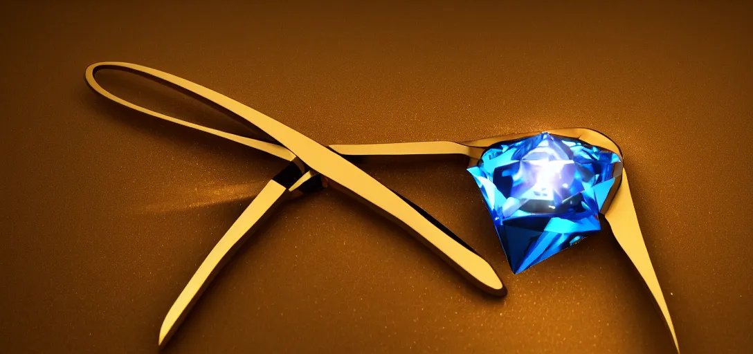 Image similar to detailed golden scissors cutting a big diamond, symmetrical, details, smooth, sharp focus, illustration, realistic, cinematic, artstation,, award winning, rgb, ethereal blue lighting, 8k