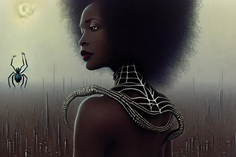 Prompt: realistic detailed photorealistic portrait movie shot of a beautiful black woman with a giant spider, dystopian city landscape background by denis villeneuve, amano, yves tanguy, alphonse mucha, ernst haeckel, jean delville, david lynch, edward robert hughes, roger dean, cyber necklace, rich moody colours, cyber patterns, wide angle