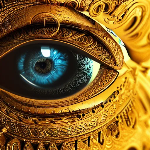 Image similar to The eye of god Rah, intricate, ornate, photorealistic, ultra detailed, octane render, high definition, depth of field, bokeh, 8k, artstation